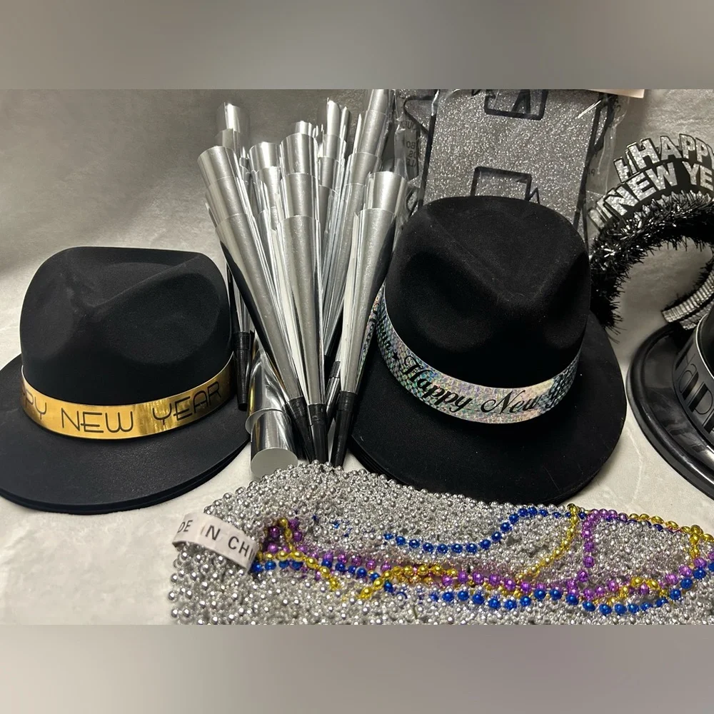 New Years Eve party kit 9 hats 31 necklaces banner mask 12 tiaras 30 horns